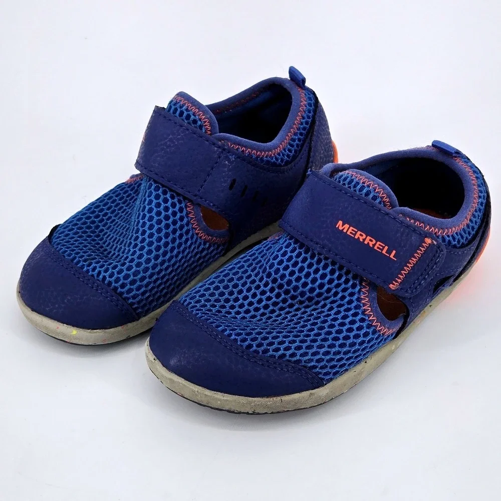 Merrell Kids Bare Steps H2O Water Shoes Blue Orange Wide Trail Sandals 10 WIDE